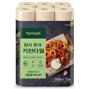 탐사 퓨어 무표백 키친타올 2겹 200매, 12롤, 1개