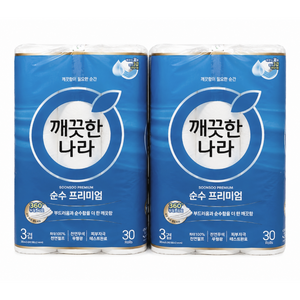 깨끗한나라 순수 프리미엄 더 퍼스트 천연펄프 3겹 고급롤화장지, 30개입, 2개